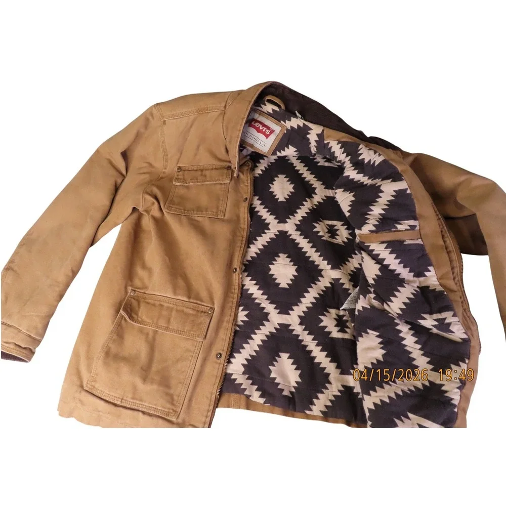 Levis Field Jacket Mens L Tan Canvas Military Aviator Coat Southwestern Aztec - Picture 2 of 16